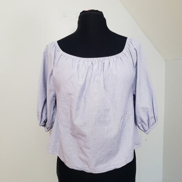 Maeve by Anthro Blue White Striped Elasticized Neck Cotton Poplin Crop Top XS - Picture 3 of 14